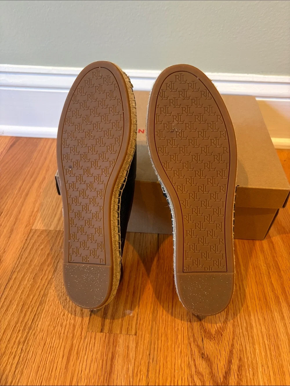 Ralph Lauren Black Leather Espadrille Wedge Slip-Ons
